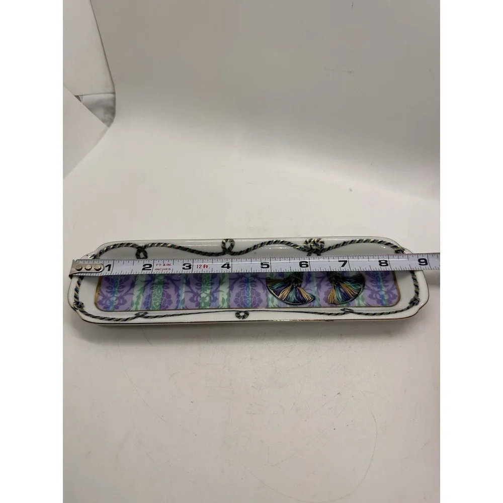 Neiman‎ Marcus Porcelain Vanity Tray Purple Floral Tassel Desk Set Japan
